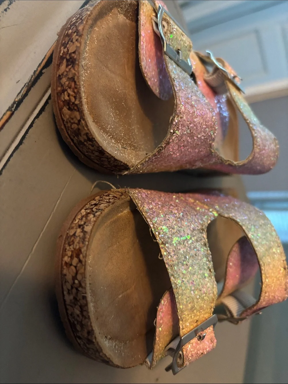Kids Glitter Dual-Buckle Slide Sandals — Iridescent Pink